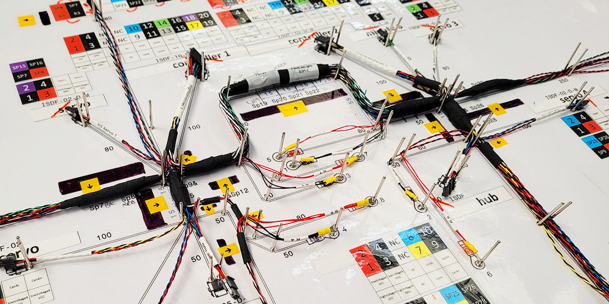 Custom cable laid out on a loom board.